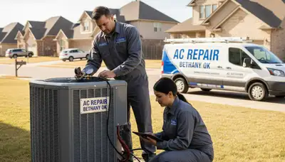 Professional AC repair technician servicing air conditioner in Oklahoma City OK home