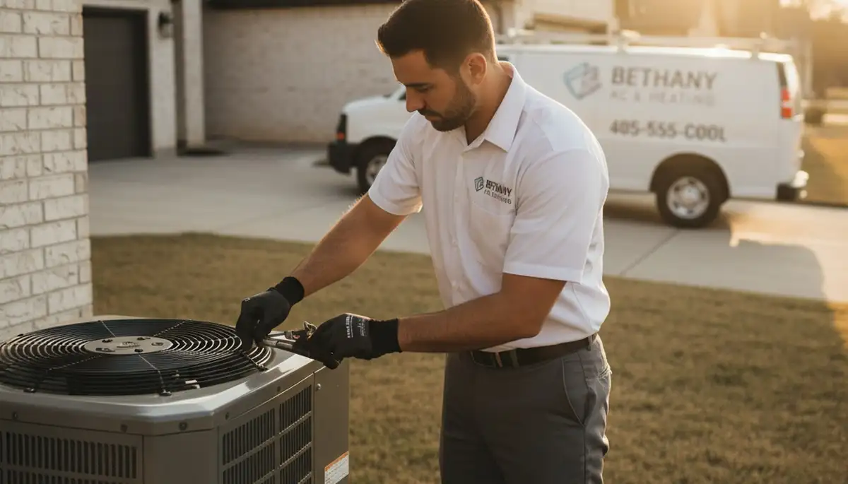 Professional AC repair technician servicing air conditioner in Oklahoma City OK home
