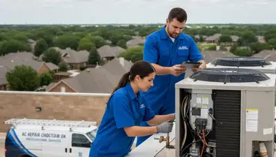 AC repair technician servicing air conditioner unit in Oklahoma City OK