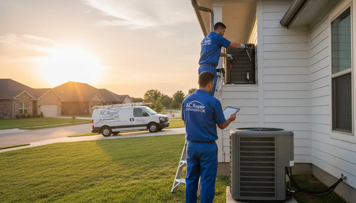 Professional AC repair technician servicing air conditioner in Oklahoma City OK