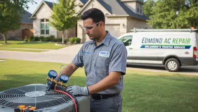 Professional AC repair technician servicing air conditioning unit in Oklahoma City OK