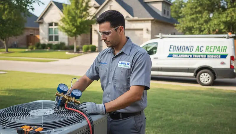 Professional AC repair technician servicing air conditioning unit in Oklahoma City OK