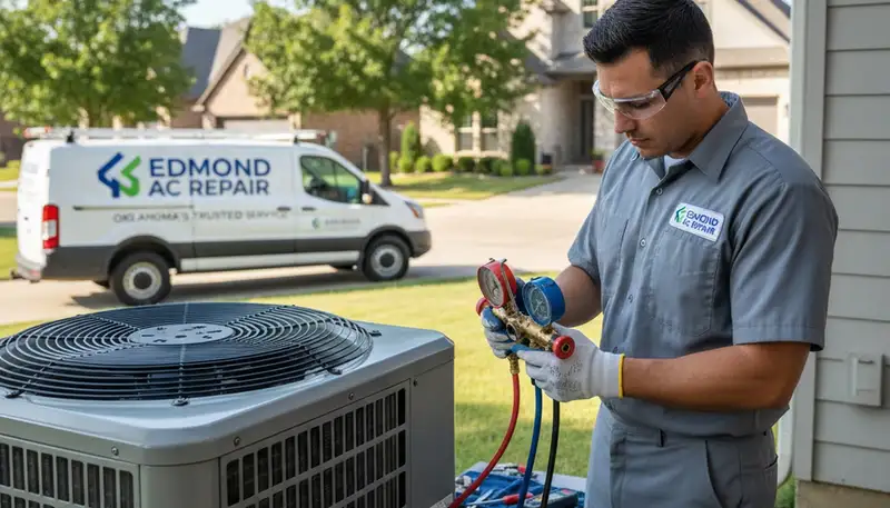 Professional AC repair technician servicing air conditioner in Oklahoma City OK home
