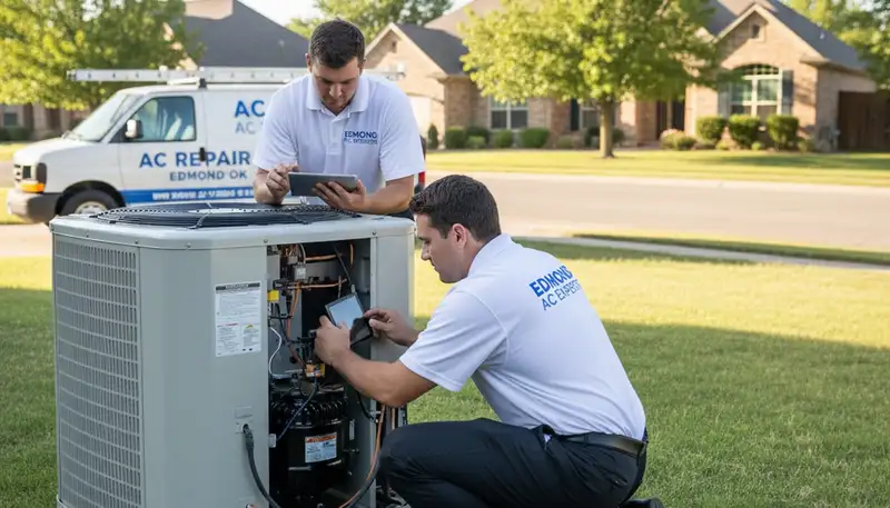 Professional AC repair technician servicing air conditioner in Oklahoma City OK home