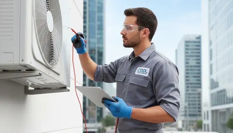 Technician repairing residential AC unit in Oklahoma City, OK for Five Star Cooling service