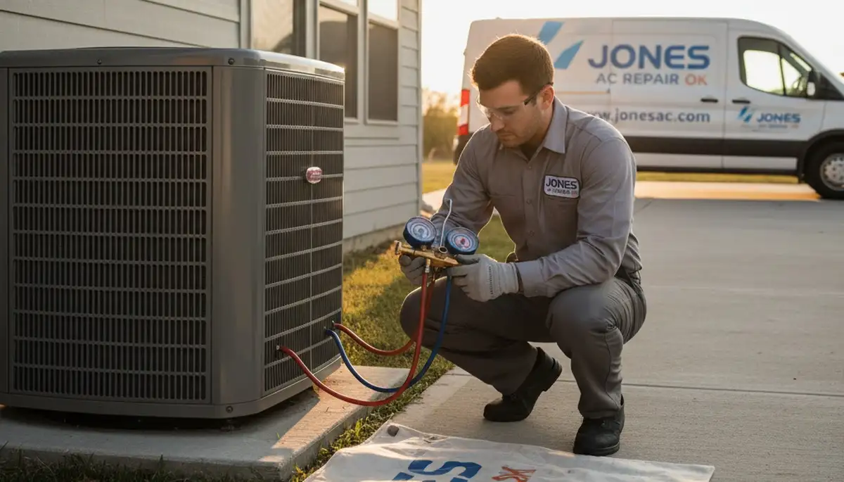 Professional AC repair technician servicing home unit in Oklahoma City OK