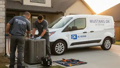 Professional AC repair service technician in Oklahoma City OK fixing residential air conditioning unit