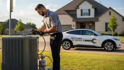 AC repair technician servicing cooling unit in Oklahoma City OK home
