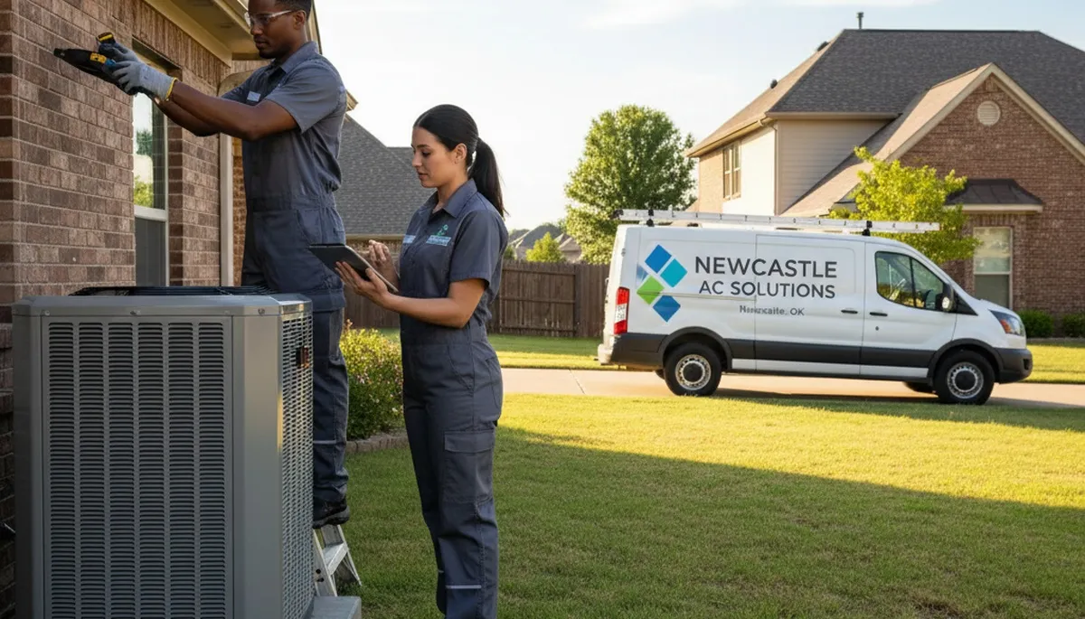 Professional AC repair technician servicing air conditioner in Oklahoma City OK home