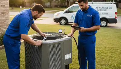 Professional AC repair technician servicing air conditioner in Oklahoma City OK home
