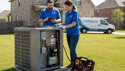 Professional AC repair technician servicing air conditioner in Oklahoma City OK home