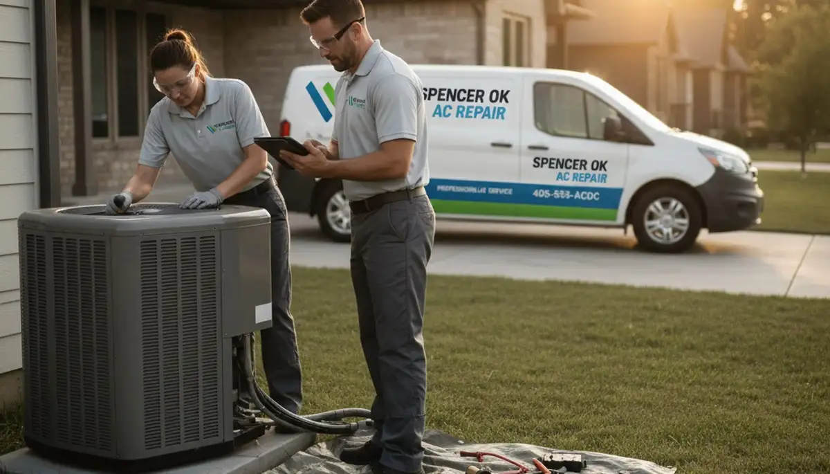 Professional AC repair technician servicing air conditioner in Oklahoma City, OK