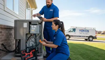 Professional AC repair technician servicing air conditioner in Oklahoma City OK home