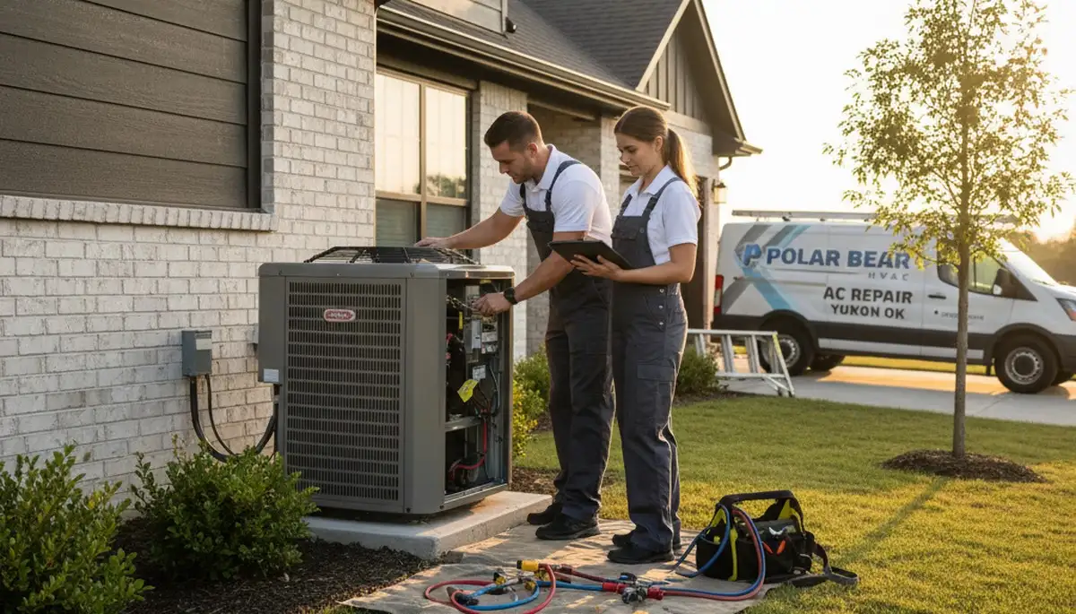 Professional AC repair technician servicing air conditioner unit in Oklahoma City OK