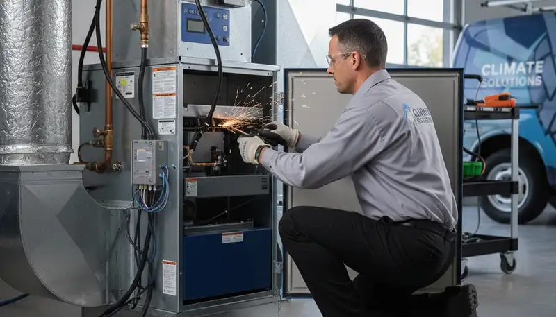 Technician performing furnace repair in Oklahoma City, OK for Five Star Cooling home heating service