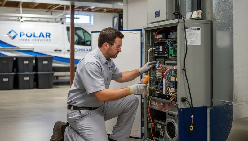 Technician performing furnace repair service in Oklahoma City OK for Five Star Cooling