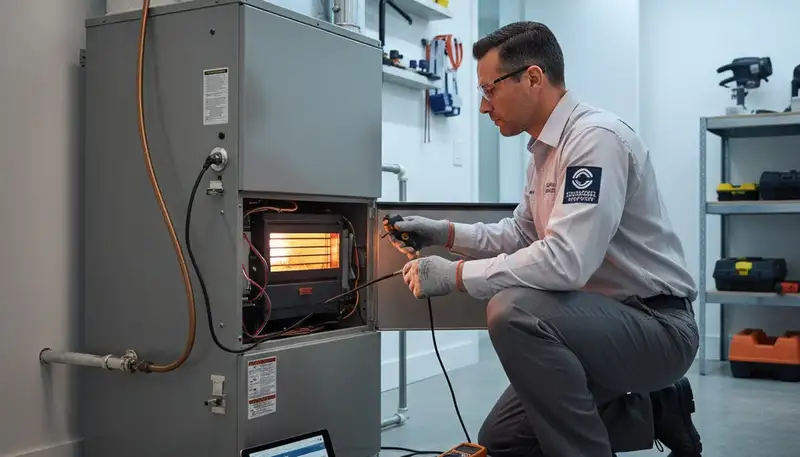 Technician performing heating repair on furnace in Oklahoma City, OK home