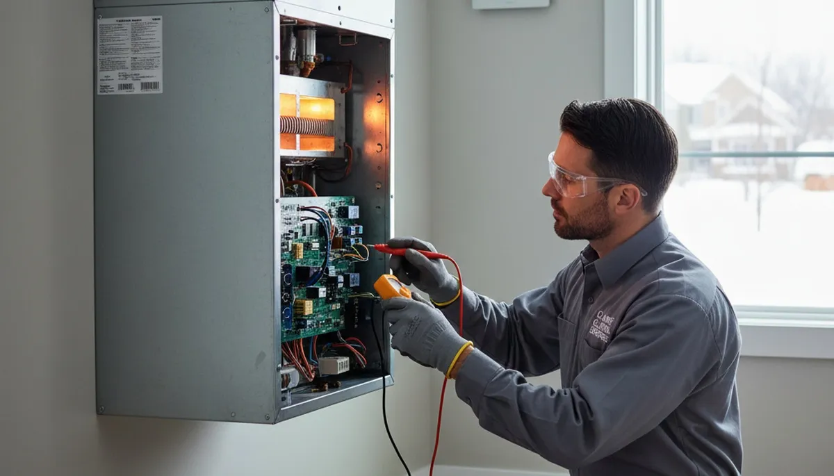 Technician performing heating repair on home furnace in Oklahoma City, OK
