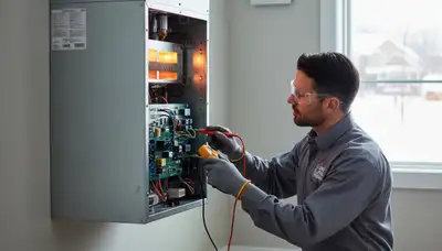 Technician performing heating repair on home furnace in Oklahoma City, OK