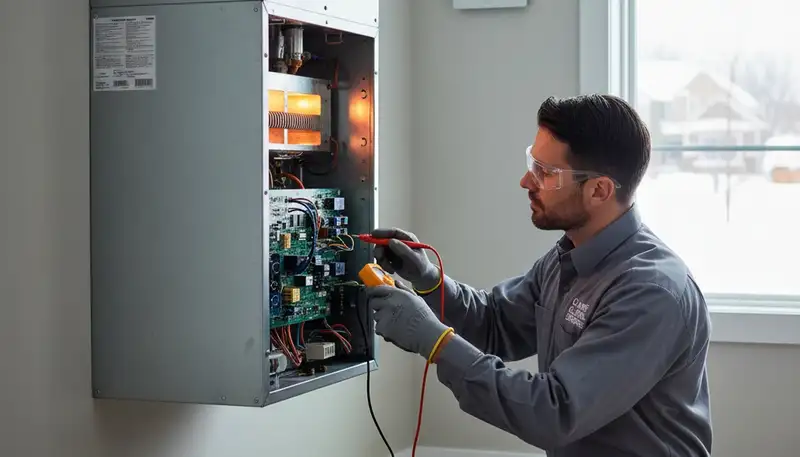 Technician performing heating repair on home furnace in Oklahoma City, OK