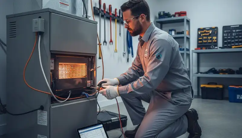 Technician performing heating repair service in Oklahoma City, OK for Five Star Cooling