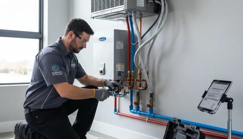 Technician fixing leaking pipe during plumbing repair in Oklahoma City, OK home