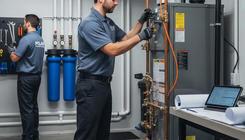 Technician fixing home plumbing and AC unit in Oklahoma City, OK for Five Star Cooling services