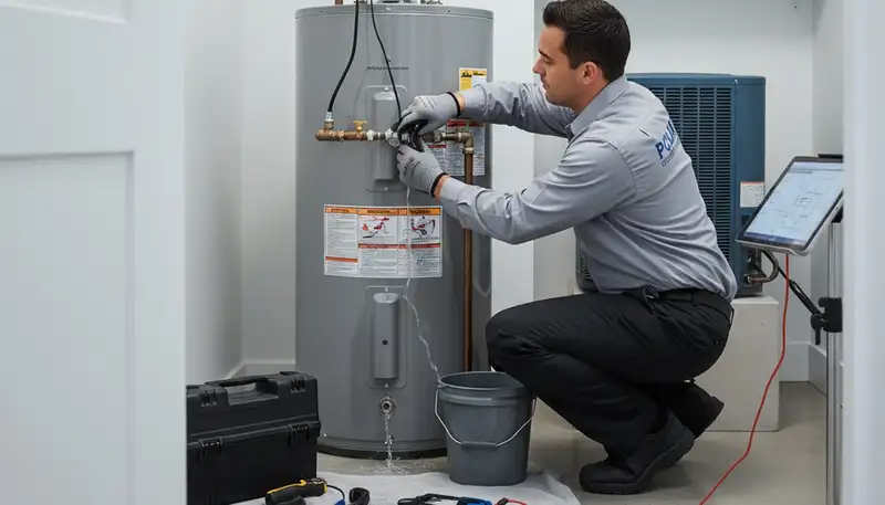 Technician performing water heater repair service in Oklahoma City, OK for Five Star Cooling