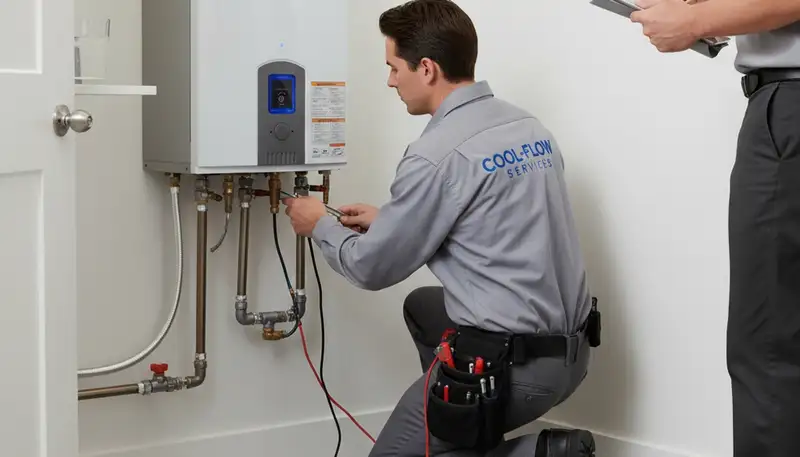 Technician performing water heater repair in Oklahoma City, OK for Five Star Cooling